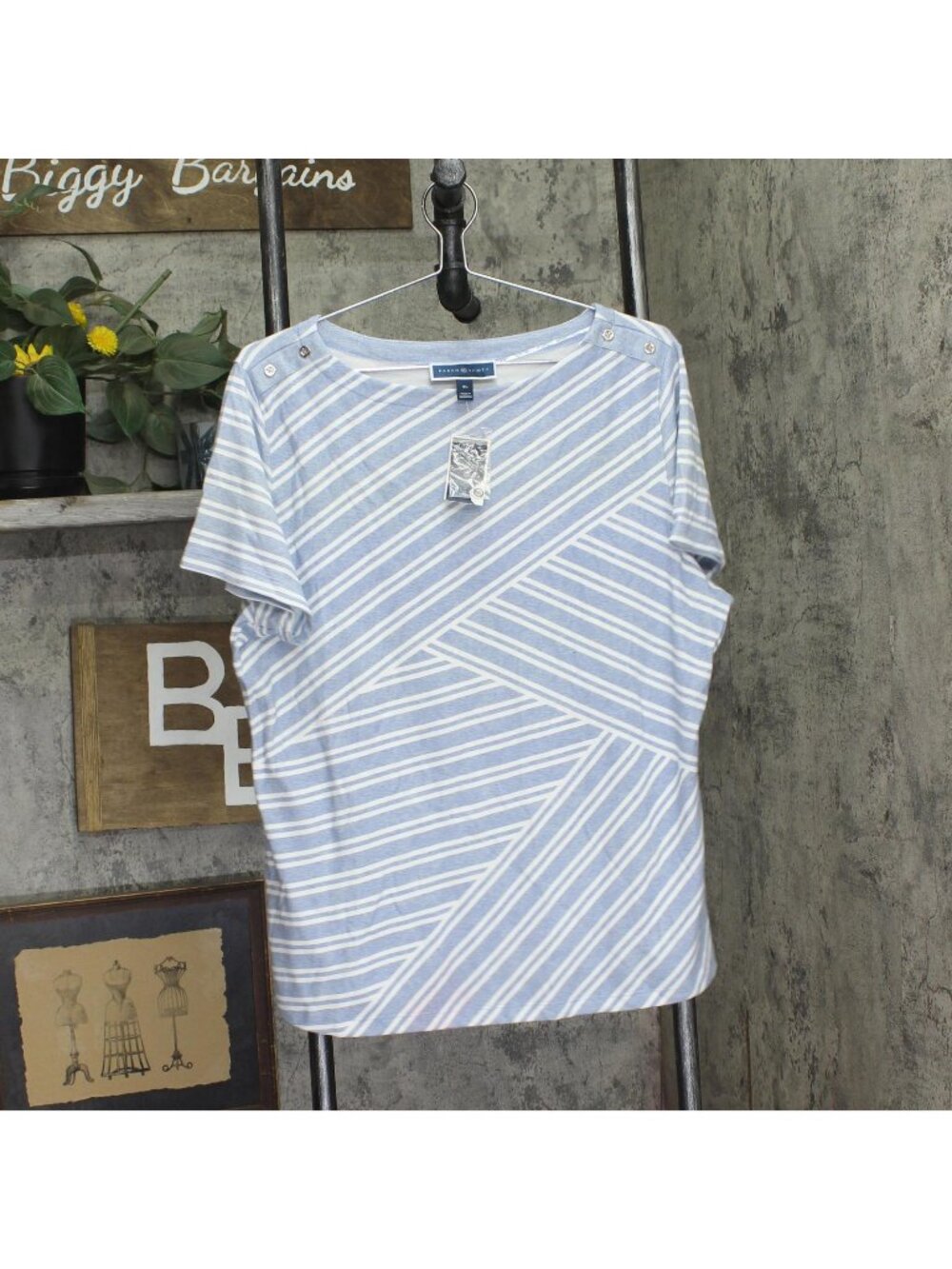 Karen Scott Womens Knit Asymmetrical Striped Boat-Neck Top Light Blue Heather XL
